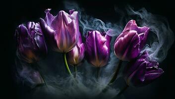 Branches of purple tulips on a dark background with delicate incense smoke - Generated AI photo
