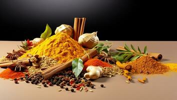 Food spices in vibrant colors on a wooden table. ai generated photo