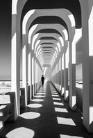 Light tunnel perspective and projected shadows, with human silhouette. ai generated photo
