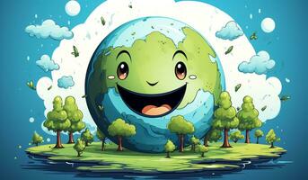 Funny planet earth with smiling face. AI generated photo