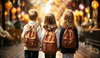 niños con mochila, espalda a colegio concepto. ai generado foto