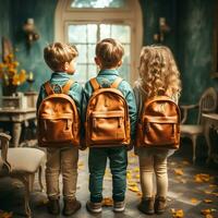 niños con mochila, espalda a colegio concepto. ai generado foto