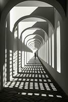 Light tunnel perspective and projected shadows, with human silhouette. ai generated photo