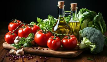 Tomates y otro productos para Cocinando comidas. ai generado foto