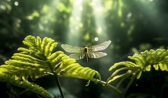 Closeup of beautiful dragonfly. AI generated photo