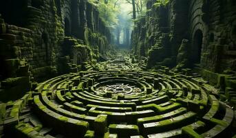 Fantastic forest with a huge green labyrinth inside. AI generated photo