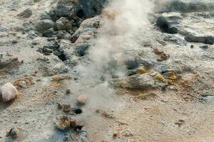 Smoldering sulfur fumaroles at Hverir in the Krafla volcanic system of Iceland photo