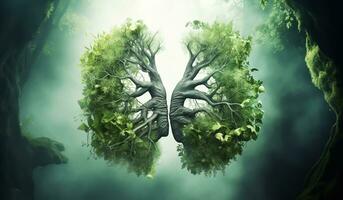 Lungs formed by leaves and tree branches, in the concept of environment and ecology. Lung of the Earth. AI generated photo