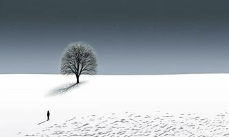 Minimalist snowy landscape with a small silhouette and tree on a hill. AI generated photo
