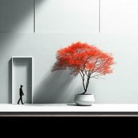 Minimalist decor in white painted exterior house, with small red detail. AI generated photo