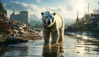 Polar bear in thaw zone due to climate change. AI generated photo