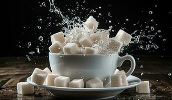 Sugar cubes falling into a porcelain cup. AI generated photo