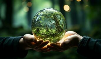 Transparent ball with greenery in hands. Ecology and environment concept. AI generated photo