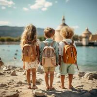 niños con mochila, espalda a colegio concepto. ai generado foto