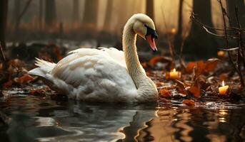 Graceful swan swimming in the lake. AI generated photo