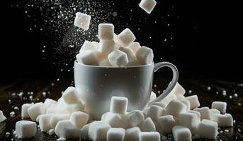 Sugar cubes falling into a porcelain cup. AI generated photo