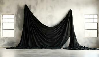 Black curtain on the wall. Minimalist decor concept. AI generated photo