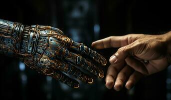 toque Entre un robótico mano y un humano mano. ai generado foto