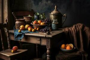 Illustration still life with fruit on wooden table, rustic kitchen, in dramatic tones. AI generator photo