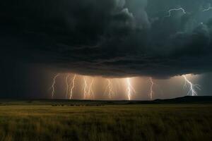 Realistic landscape illustration during storm with lightning. AI generated photo