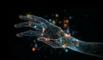 Digital hand with network connection on dark background photo