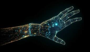 Digital hand with network connection on dark background photo