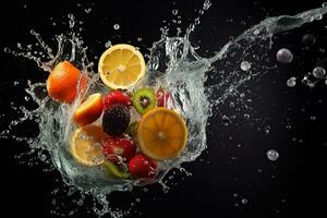 Vibrant AI generator illustration of various fruits in splashing water photo