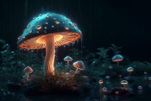 Vibrant illustration of irisdiscent mushrooms, in the forest at night, created by AI generator photo