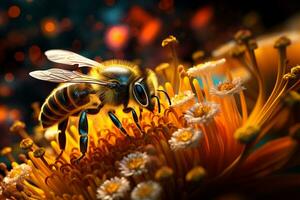 Vibrant AI generator illustration of very realistic bee searching for pollen photo