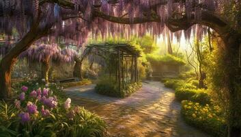 Beautiful illustration of a garden with flowering wisteria photo