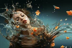 Vibrant illustration of a female figure enveloped in a splash of water, with flowers. AI generated. Not a person photo