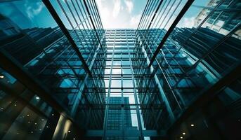 Modern glass buildings, seen from a bottom perspective, and the reflections on the walls photo