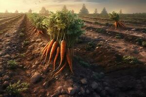 Ripe carrots in the ground and ready for harvesting. AI generator photo