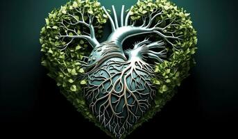 Anatomical human heart formed by leaves and tree branches. AI generated photo