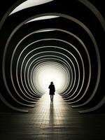 Silhouette of a person in a tunnel filled with light. AI generated photo