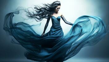 Fictional female figure, dark hair and flowing blue dress. AI generated photo