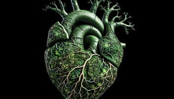 Anatomical human heart formed by leaves and tree branches. AI generated photo