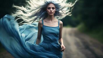 Fictional female figure, dark hair and flowing blue dress. AI generated photo