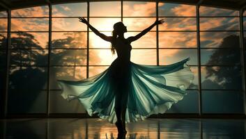 Silhouette of a ballerina dancing by the window against sunset light. AI generated photo