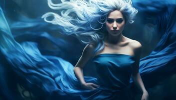 Fictional female figure, dark hair and flowing blue dress. AI generated photo