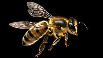 Vibrant AI generator illustration of very realistic bee isolated in black background photo