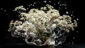 Branches of white gypsophila on a dark background with delicate incense smoke - Generated AI photo