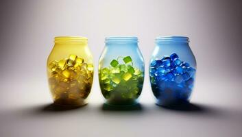 Pieces of glass or crystal in green, yellow and blue inside glass bottles - AI Generator photo