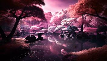 Japanese garden illustration in pink tones - Generative AI photo