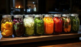 Glass jars with pickled vegetables and fruit. AI generated photo