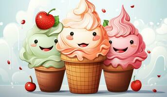 Funny ice creams with smiling faces. AI generated photo