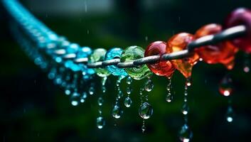 Colorful shiny metal chain with water drops. AI generated photo