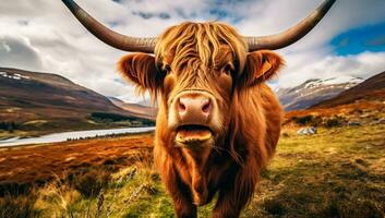 Closeup of the typical Scottish cow. AI generated photo