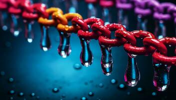 Colorful shiny metal chain with water drops. AI generated photo