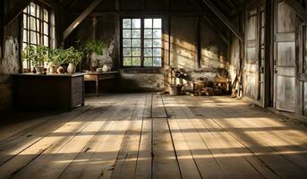 Interior of a very rustic wooden cabin. AI generated photo
